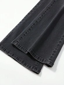 SHEIN Quần jeans ống loe cho bé gái tuổi teen, hàng mới về cho mùa thu/đông, có sẵn màu đen, xám đậm, Y2K, cổ điển, thanh lịch, thường ngày, , Chi tiết thiết kế bao gồm vải cotton pha co giãn bất đối xứng, bất đối xứng, sờn rách, thoải mái, cạp chun có thể điều chỉnh, thích hợp mặc hàng ngày, tiệc tùng, du lịch - màu đen - Xem 8