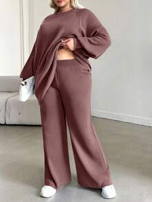 EURMUSE Ensemble casual femme grande taille, pull raglan couleur unie et pantalon tricoté - Vieux Rose - Voir 3