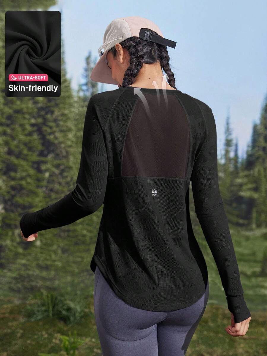 In My Nature 女士瑜伽、普拉提、运动、跑步、健身紫色拇指开口网眼拼接夏季 T 恤，透气弹力徒步女装