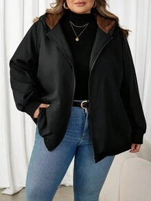 SHEIN CURVE+ Plus Teddy 内衬拉链连帽夹克，适合冬季