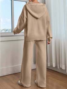 SHEIN Women Solid Color Drop Shoulder Hooded Pullover & Sweater Pants Set Linen