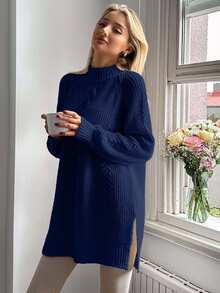 EURMUSE Casual Solid Color Stand Collar Side Slit Raglan Sleeve Sweater, Autumn/Winter - Navy Blue - View 6