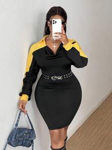 Maweii Plus Size Patchwork Fitted Draped Neck Casual Commuter Stylish Short Dress, Autumn/Winter