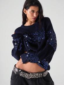 LYSMO Áo len cánh dơi dáng rộng thời trang đính sequin trang trí, Thu/Đông - Màu xanh hải quân - Xem 7