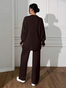 EURMUSE Cardigan Flower Detail Pullover Set Sweater Co-Ord +700 - Coffee Brown - View 2