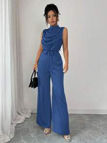 Elenzga Bộ đồ liền thân không tay nhún bèo cổ trụ màu xanh lá cây thanh lịch dành cho nữ, có eo thắt, Xuân/Hè - Xanh đậm - Xem 6