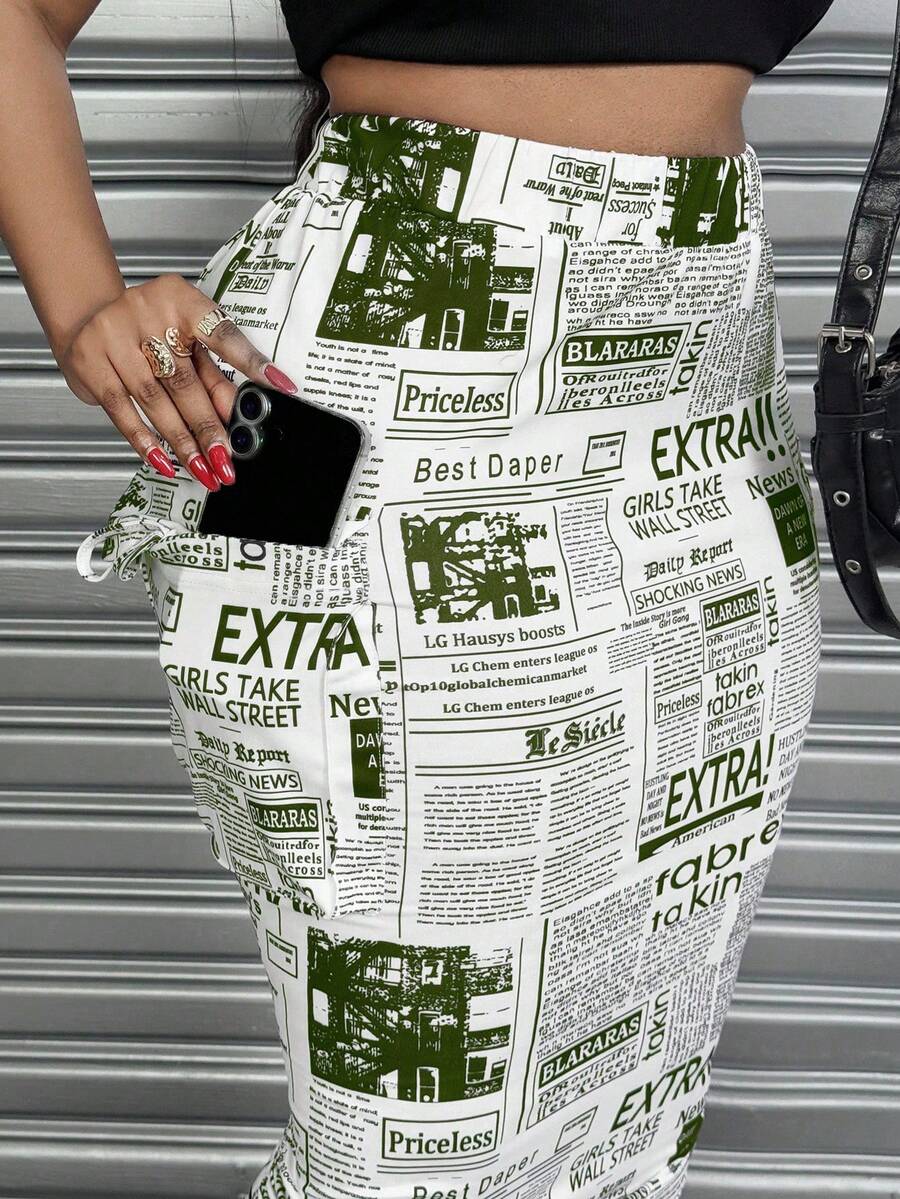 Maweii Plus Size Women Pleated Hem Skirt With Pockets