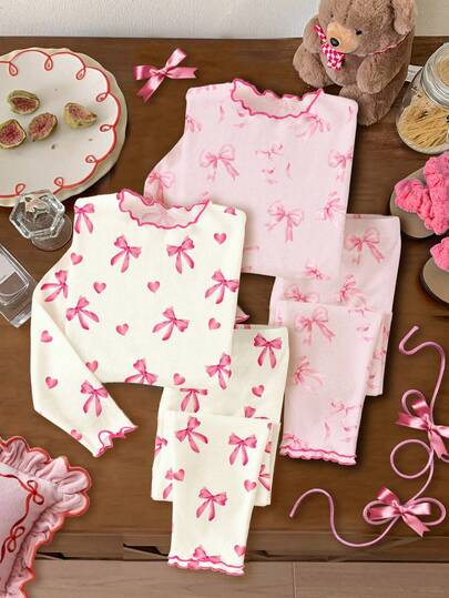 SHEIN 2pcs/Set Young Girl Cute Ballet Style Pink Bow & Heart Print, Pink Bow Ribbon Print, Easy Comfort, Sleepwear Long Sleeve Top And Pants Set, Suitable For Summer, Fall, Winter Casual Campus Sports Style, Outdoor Picnic, Outgoing, Street Snap, Home, School