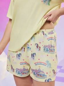 My Little Pony X SHEIN Plus Size Women Summer Casual Cute Cartoon Unicorn & Rainbow Letter Graphic Loose Fit Drop Shoulder Short Sleeve Top And Shorts Pajama Set Pajamas Set Summer For Women