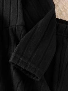 Elladie kids 2 st set med stickad, ribbad långärmad t-shirt och byxor för babyflickor, avslappnad höstoutfit - Svart - Visa 6