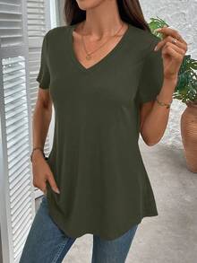 EMERY ROSE Áo thun nữ cổ chữ V tay ngắn thời trang màu trơn rộng rãi - xanh quân đội - Xem 6