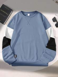 SHEIN 青少年男童休闲圆领长袖撞色卫衣，宽松版型，适合春、夏、秋、冬，居家和上学