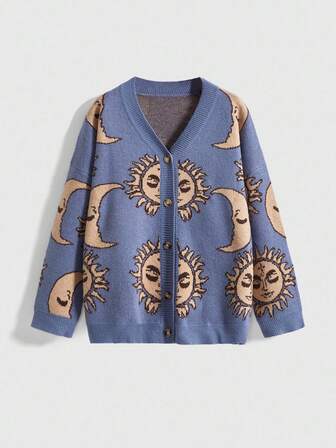 Fairycore Women's Retro Fairy Core Mysterious Star & Moon Totem All-Over Print Knitted Cardigan