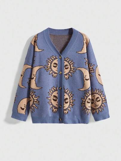 Fairycore Women's Retro Fairy Core Mysterious Star & Moon Totem All-Over Print Knitted Cardigan