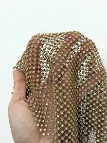 EgrlEra Women's Deep V Neck Sequin Mesh Dress, Rhinestone Embellished Shiny, Suitable For Bar Party, Carnival, Club Wear - Champagne - View 7