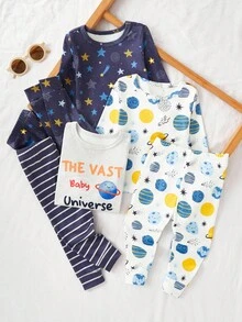 6 Stücke/Set Baby Jungen Schlafanzug Set, süßer Weltraum Planet & gestreifter Allover-Muster Langarm-Oberteil und Hose, lässige Herbst/Winter Pyjamas