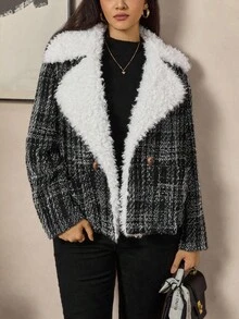 Zelara Plus Size Women Fuzzy Lapel Neck Long Sleeve Plaid Loose Casual Jacket, Autumn Winter Tweed Jacket Women Teddy Collar Tweed Jacket Plus Size Tweed Jacket Women For Women Casual Women's Winter Winter Women's Winter Jacket Going Out Tops Going Out Female Country Look Plaid Chic Women's Jacket Chic Blazer Women Autumn For Women Black Jacket Winter For Women Women's Winter Thanksgiving For Women - Black and White - View 11