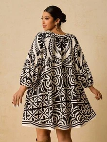 Travachic 大码女式黑米色印花连衣裙，七分袖印花连衣裙，秋季连衣裙，大码束腰上衣，大码度假装，大码波西米亚风连衣裙，刺绣连衣裙，大码舒适秋冬女装，优雅 - 黑色 - 查看 2