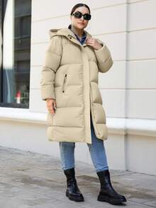 EURMUSE Jaqueta Acolchoada Com Capuz Em Tamanho Plus Feminino - Bege - Ver 3