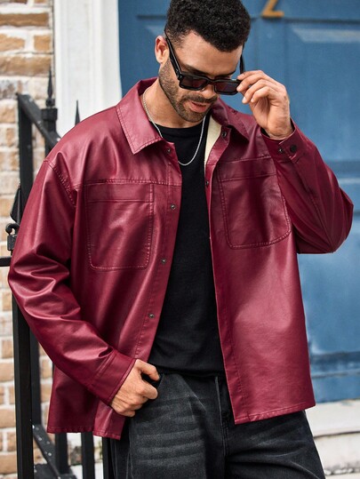 EASEVO Plus Size Men's Solid Color PU Leather Long Sleeve Single-Breasted Pocket Casual Shirt Jacket, For Fall Winter