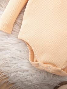 SHEIN 可爱休闲杏色针织弹力荷叶边长袖连体衣，女婴款 - 杏色 - 查看 6