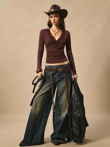 Vintage Boho Nomadic V-Neck Lace Patchwork Ruched Waist Distressed Purple Women Top Old Money Autumn - Purple - View 6