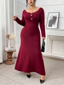 Modelyn 秋季大码女式优雅针织长袖连衣裙，纽扣设计，后背蝴蝶结装饰 - 酒紅色 - 查看 3