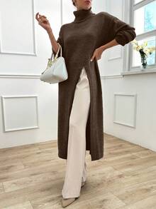 EURMUSE Women Solid Color High Neck Long Sweater With High Split - Brown - View 4