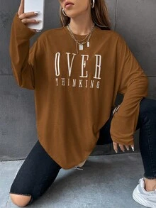 SHEIN Unity 字母刺绣落肩T恤 图案T恤 女式上衣 - 咖啡棕 - 查看 3