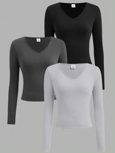 SHEIN Girlism 3 件套青少年女孩黑色和深灰色 V 领长袖合身针织舒适百搭休闲分层 T 恤