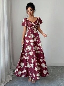 Elenzga Vestido elegante de estilo francés con volantes en la cintura, corte evasé y estampado floral diminuto - Multicolor - Ver 4