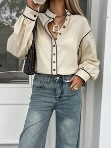 Siren Gaze Women's 100% Cotton Contrast Color Trim Long Sleeve Shirt, Cotton Blouse With Stand Collar, Autumn/Winter, Button Up Blouse, Western Tops, Button Up Top, Western Blouse, Western Button Up Women, Thanksgiving Shirt, Casual Blouses For Women, School Shirt, Elegant Women's Blouses