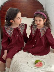 LMoss Kids 女婴梭织拼布花卉彼得潘领休闲连衣裙