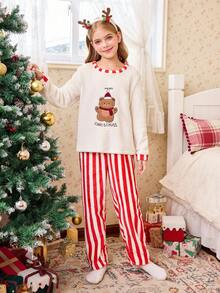 SHEIN 女童双面法兰绒圣诞熊刺绣条纹圆领睡衣套装 - 米色 - 查看 5