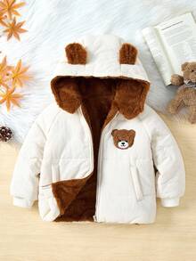 SHEIN 男童休闲舒适百搭可爱毛绒内衬连帽加厚冬季绗缝大衣 - 杏色 - 查看 2