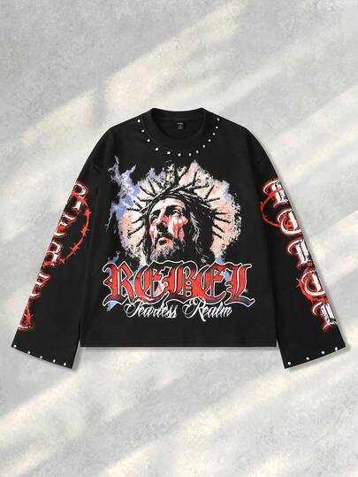 Street Life Casual Loose Men's Sparkling Diamond Jesus Print Long Sleeve T-Shirt, For Fall