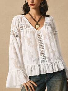 Easelle Vintage Boho Casual Nomadic V-Neck Ruffle Sleeve Loose Eyelet Romantic Baggy Women Blouse Free People - White - View 3