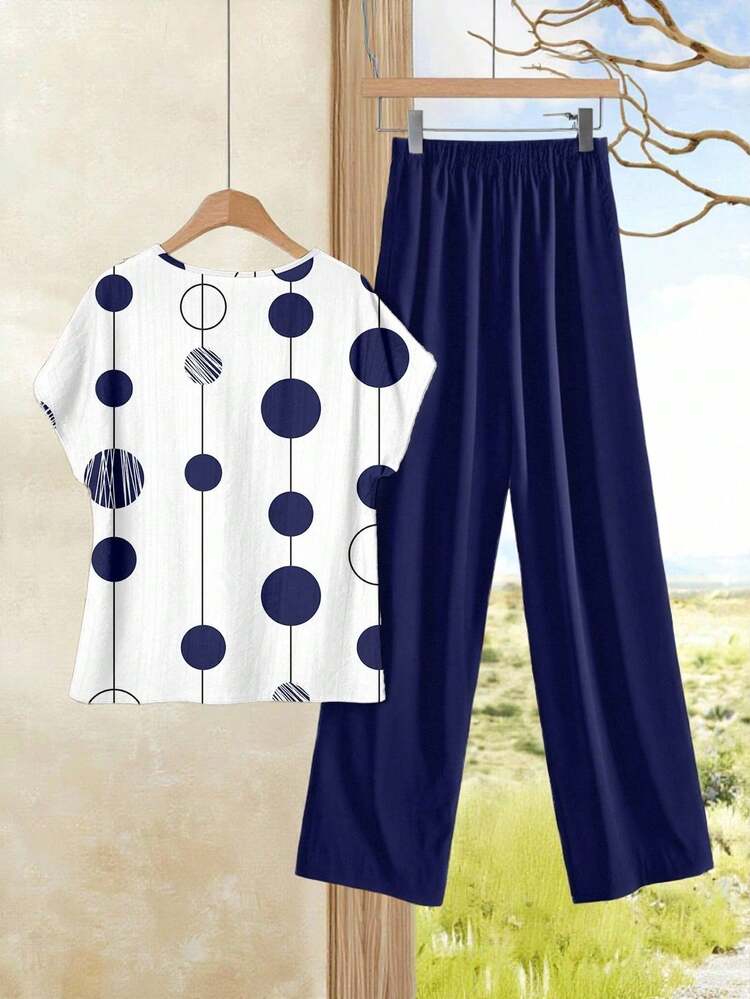 2pcs Women Spring/Summer Casual Polka Dot Print Blouse And Pants Set Suitable For Going Out Fall Clothes