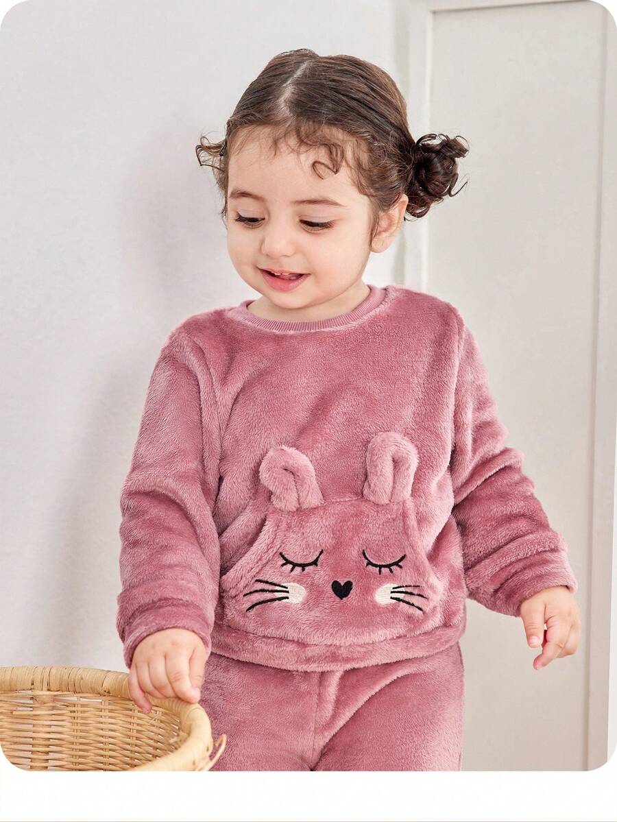 Baby Girl Cute Cartoon Pattern Fluffy Long Sleeve Top And Elastic Waist Long Pants 2 Pieces Set, Autumn/Winter - Pink - View 1