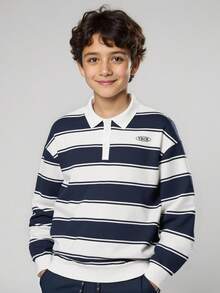 JNSQ Tween Boy Striped & Letter Print Polo Neck Pullover Sweatshirt, Suitable For Autumn/Winter Daily Wear, Outdoor Activities, Vacation, Streetwear, Party And Casual