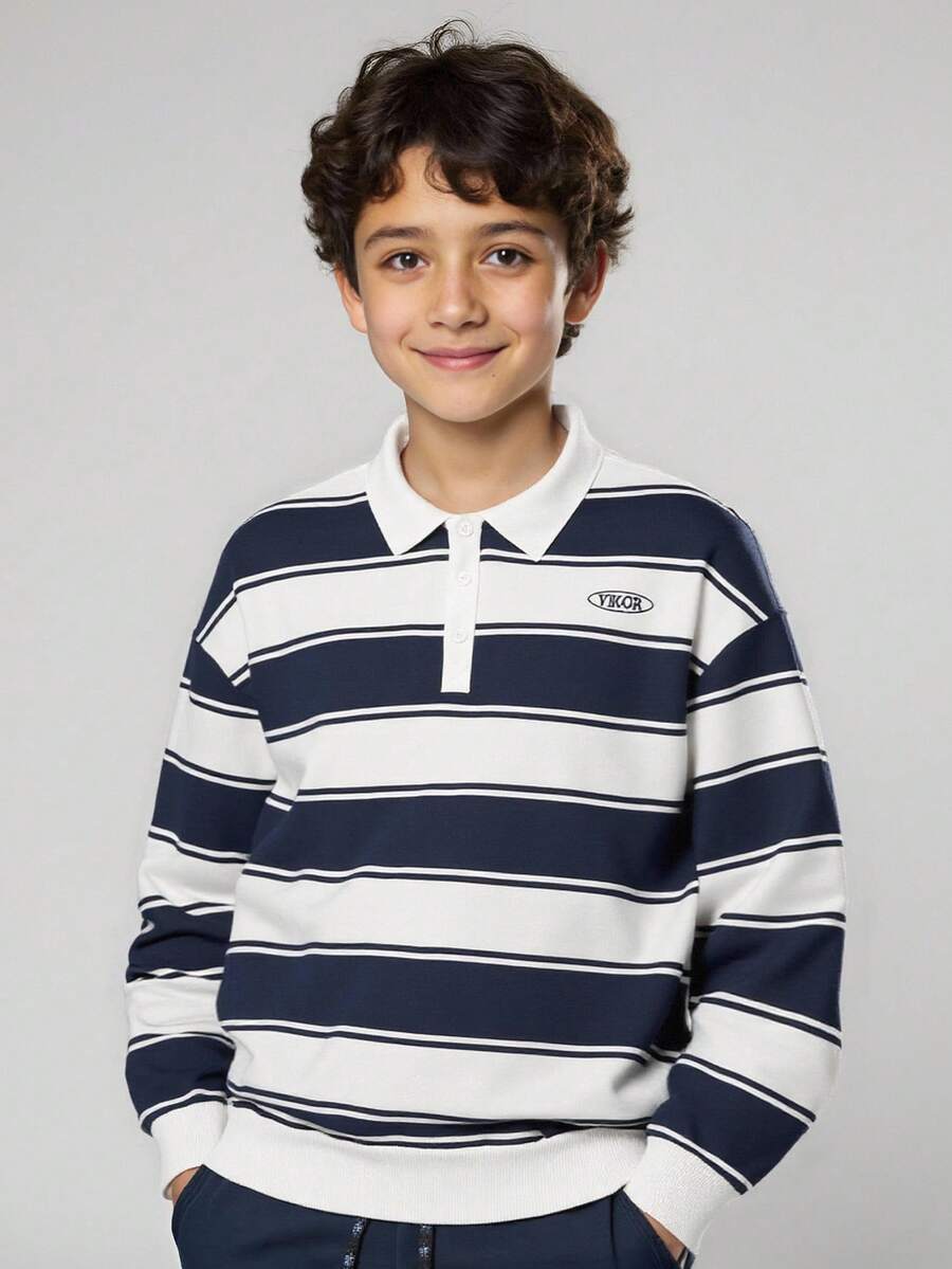 JNSQ Tween Boy Striped & Letter Print Polo Neck Pullover Sweatshirt, Suitable For Autumn/Winter Daily Wear, Outdoor Activities, Vacation, Streetwear, Party And Casual