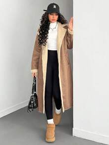 青少年女孩休闲长款米色仿毛领夹克