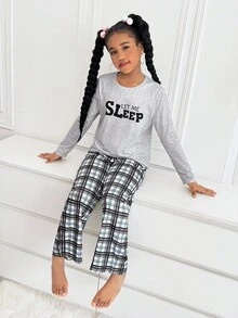 SHEIN Bộ 2 áo thun dài tay cổ tròn tối giản thường ngày và quần ngủ pijama dáng rộng họa tiết kẻ caro cho bé gái tuổi teen - màu đen - Xem 5
