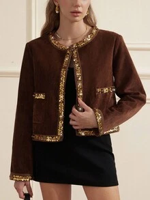 Aveloria Rosie 女士优雅亮片和亮片装饰夹克，带按扣，高端秋冬 - 棕色 - 查看 5