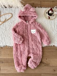 LMoss Kids LMoss 女婴粉色绒面连帽连体衣，婴儿冬季服装，女婴冬季服装，秋季服装，婴儿秋季服装，连体衣 - 粉色 - 查看 4