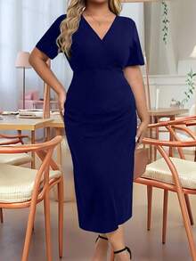 EMERY ROSE Đầm midi xếp ly tay ngắn cổ chữ V thanh lịch cỡ lớn cho nữ - Xanh đậm - Xem 3