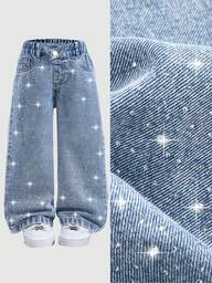 SHEIN Jeans für Kleine Mädchen, mittelblau gewaschen, Streetstyle Lässig Urlaub, Y2K Design, asymmetrischer elastischer Bund, Grundtaschen, Druckknopf-Dekoration, Strass-Verzierung, weite gerade Beine, weicher Baumwolldenim, nicht dehnbar, geeignet für den täglichen Gebrauch, Pendeln, Ausgehen, Party, Herbst/Winter Neuankömmling