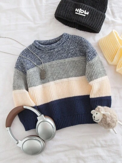 Sparklyn Christmas,Halloween Clothing For Kids,Winter,Wednesday,Winter Clothes,Ensemble Hiver,Winterclothes For Kids,Autumn Clothes,Halloween,Christmas Clothes,Boys' Simple Contrast Color Wide Stripe Patchwork Knit Sweater, Suitable For Wearing To School And At Home In Autumn/Winter Kids Knit Boy Clothes Winter Autumn Clothing Boy Knitwear Boys Knitwear