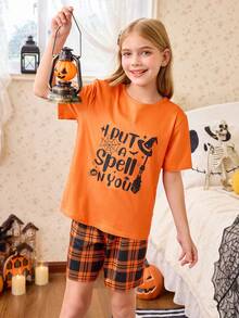 2pcs Halloween Element Print Short Sleeve Plaid Shorts Pajama Set For Big Girls Teen Girl Pajama Set Orange Pajama Set Teen Girl Lounge Wear Halloween Pajamas 10y Women Sleep Wear Set - Orange - View 1