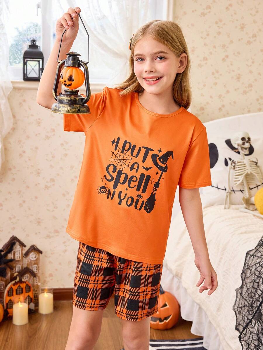 2pcs Halloween Element Print Short Sleeve Plaid Shorts Pajama Set For Big Girls Teen Girl Pajama Set Orange Pajama Set Teen Girl Lounge Wear Halloween Pajamas 10y Women Sleep Wear Set - Orange - View 1